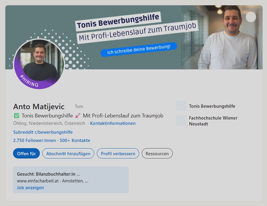 LinkedIn Profil Anto Matijevic Tonis Bewerbungshilfe